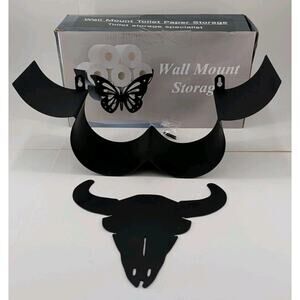 Black Metal Bull Head Wall Mounted TP Holder Farmhouse Cowboy Bathroom Accessory